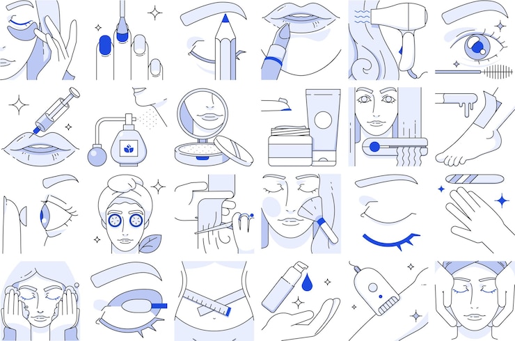Vector skincare and cosmetology beauty therapy and healthcare isolated linear icons beauty illustration