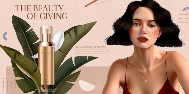 skincare cream ads with short hair woman on geometric background