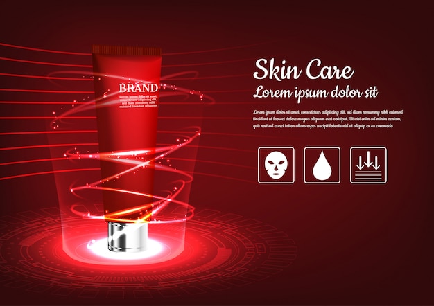 Skincare product on light floor with red curving lights