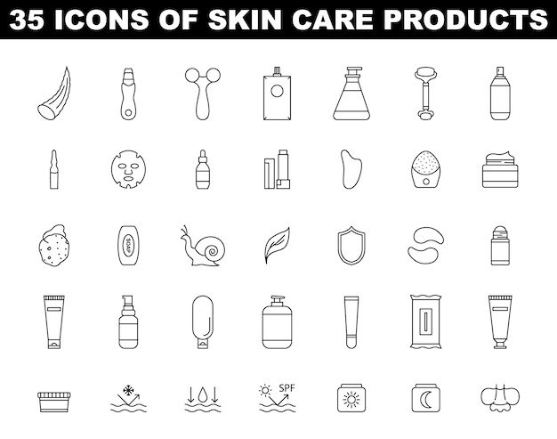 Skincare products icon set Simple black and white symbols of beauty