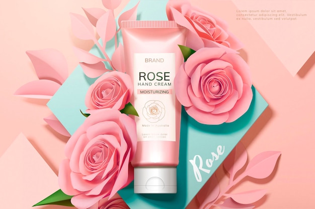 Skincare rose hand cream banner with pink paper flowers on geometric surface in 3d style