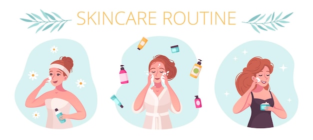 Skincare routine 3 composizioni di cartoni animati con donna che utilizza un detergente viso
