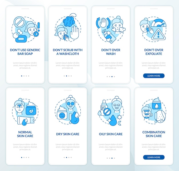 Set di schermate dell'app mobile per l'onboarding blu di routine per la cura della pelle. guida alla salute 4 passaggi pagine di istruzioni grafiche con concetti lineari. ui, ux, modello gui. miriadi di caratteri pro-bold, normali utilizzati