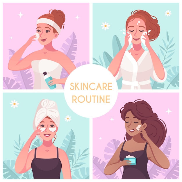 Concetto di routine di cura della pelle 4 composizioni quadrate con donna che lava il viso detergente applicando una crema nutriente