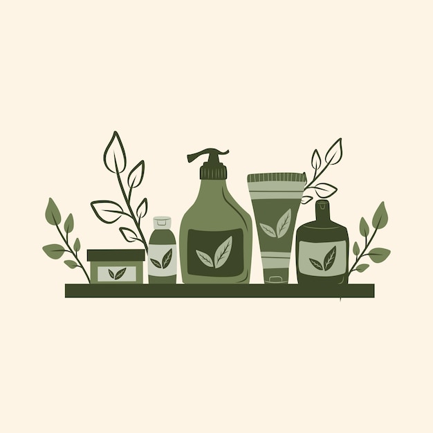 Vector skincare routine products package floral in floating shelf hand drawn flat illustration set in brown