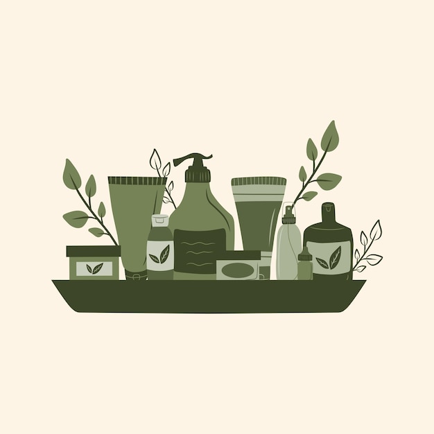 Vector skincare routine products package with florals in a tray hand drawn flat illustration set in green