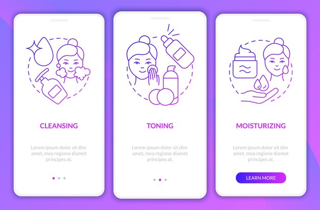 Skincare routine steps purple gradient onboarding mobile app screen