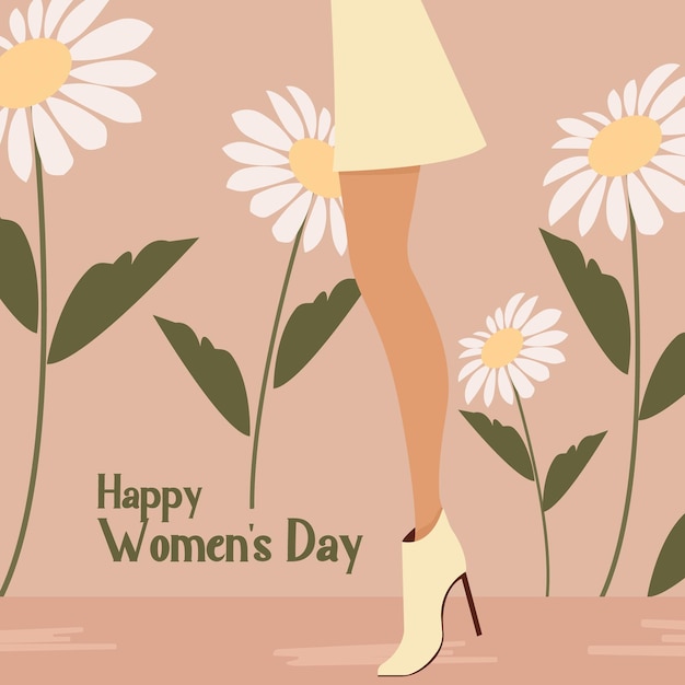 Skinny female legs from the side in stylish highheeled boots on a background of blooming daisies