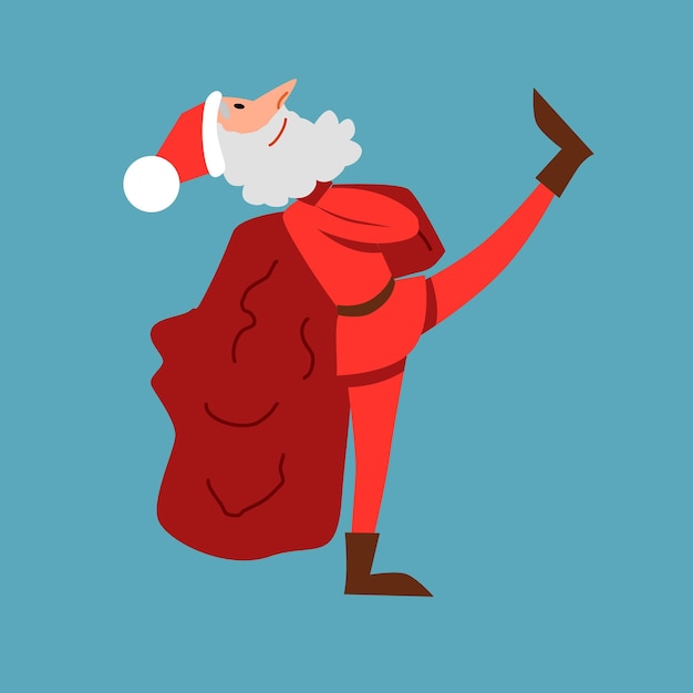 Skinny santa claus strides wide with a bag of gifts