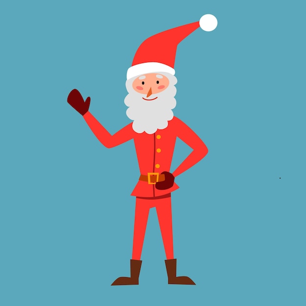 Skinny Santa Claus waves his hand. Hello Christmas. Cartoon character