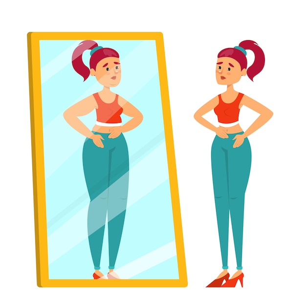 Vector skinny woman looking at the mirror on fat reflection. suffering from anorexia.