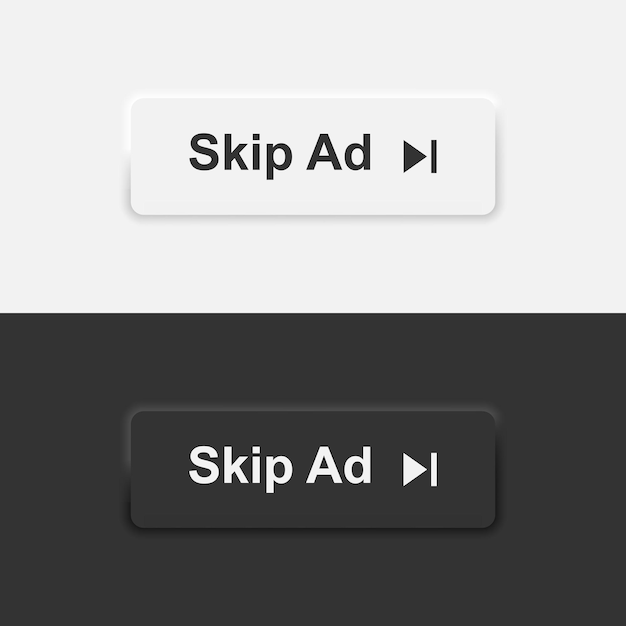 Skip ad button icons in white and black neumorphism ui design style advertisement skip button symbol for website or player vector eps 10