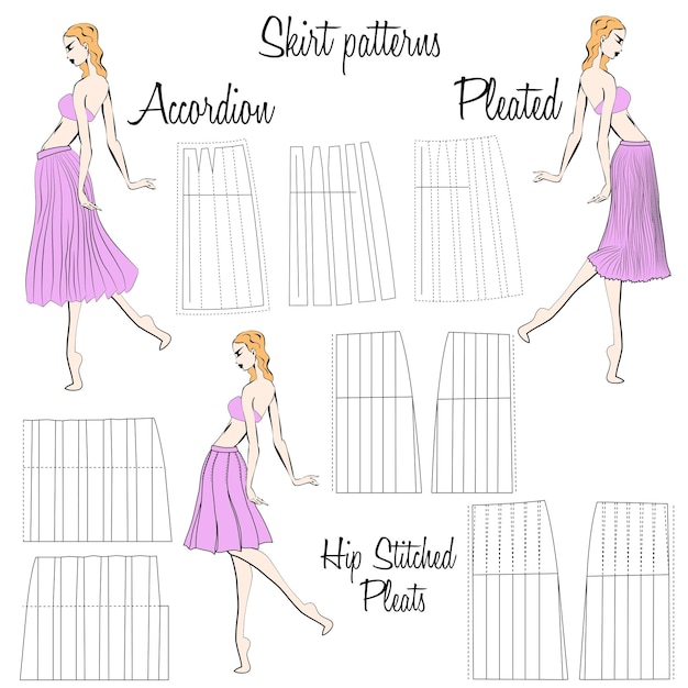 Vector skirt accordion pleated and hip stitched pleats patterns handdrawn models