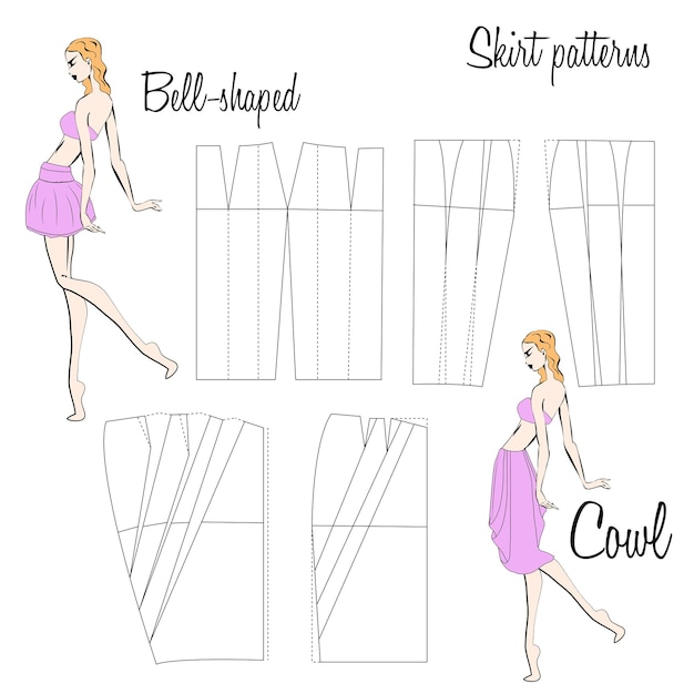 Vector skirt bell and cowl based patterns illustration of the design and pattern of women's skirts