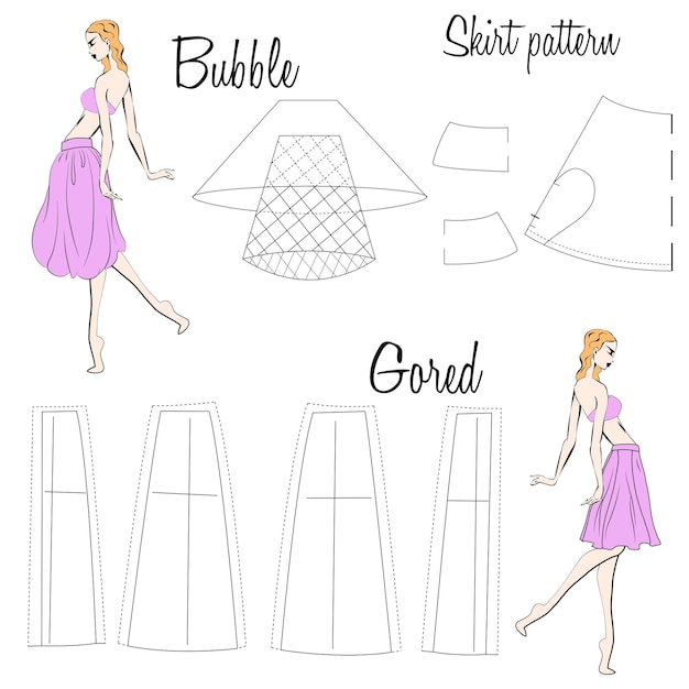 Vector skirt bubble and gored patterns illustration of the design and pattern of women's skirts