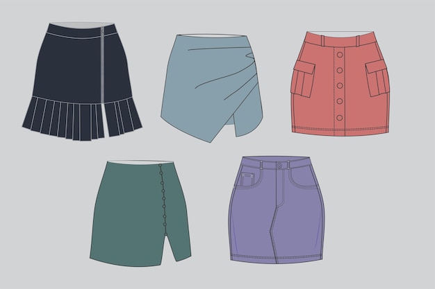Юбки рисовать вектор, набор различных видов юбок, виды юбок, юбки вектор, плиссированные юбки
