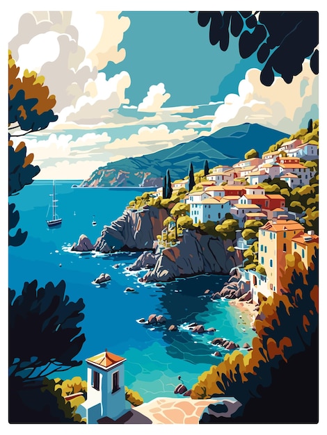 Vettore skopelos grecia decorazione vintage poster di viaggio souvenir cartolina postale ritratto pittura illustrazione