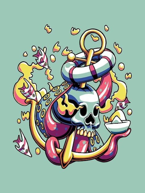 Skull in Anchor Doodle Illustration
