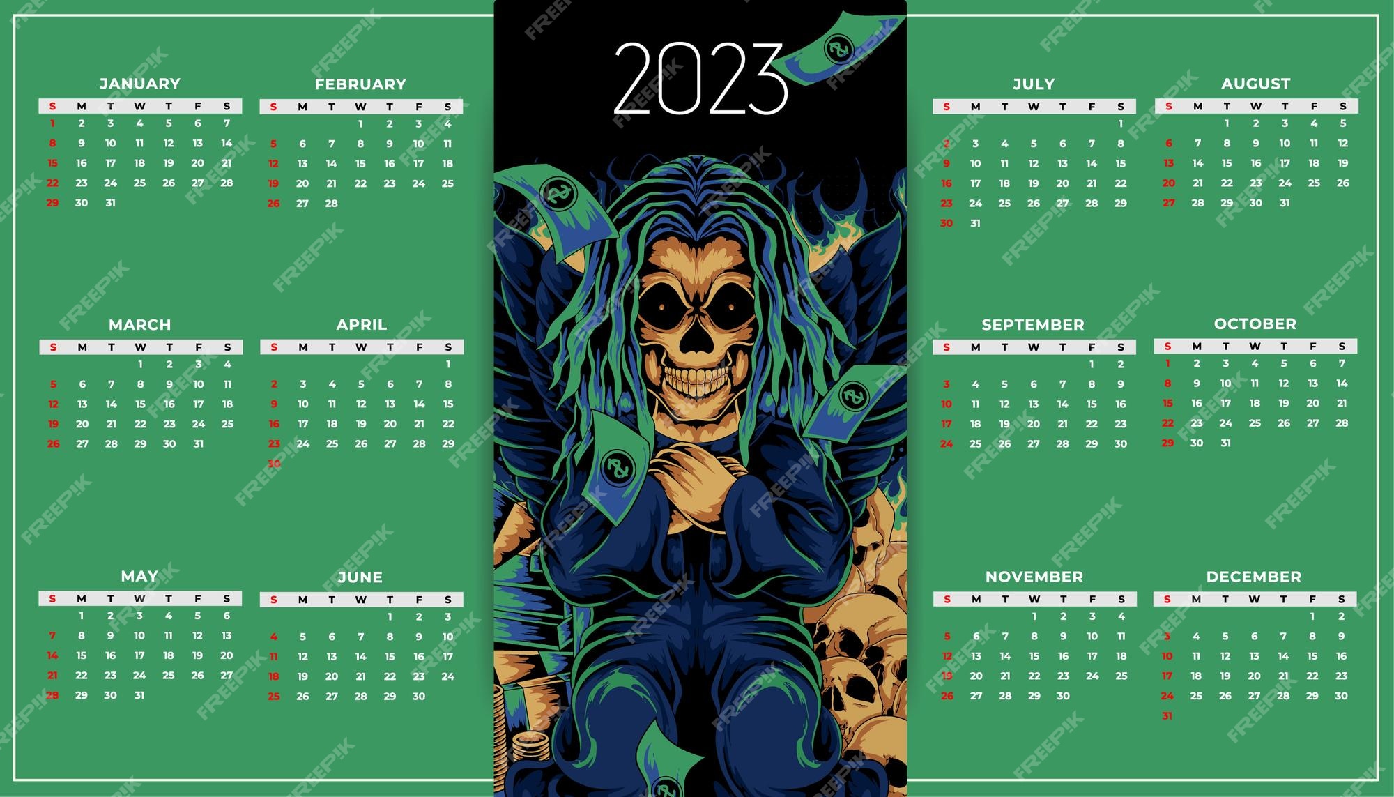 Premium Vector  Skull anime calendar 2023