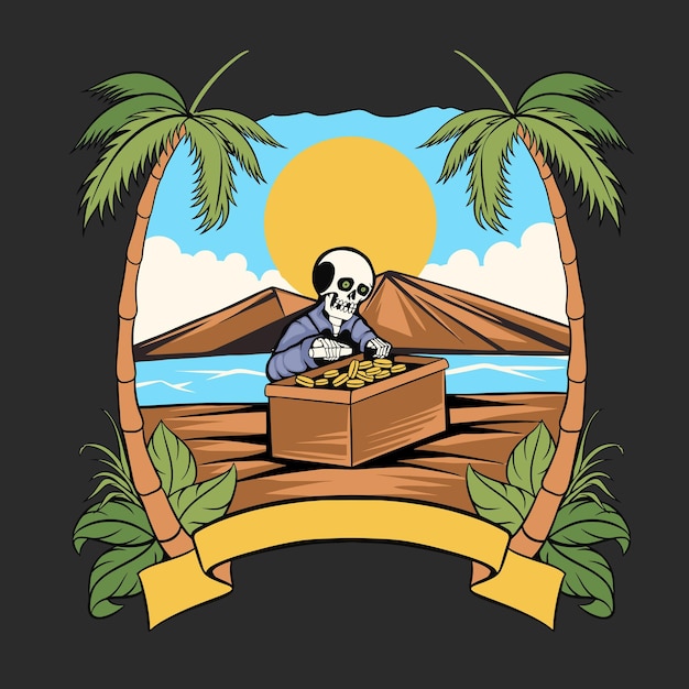 skull in beach vector illustration vintage