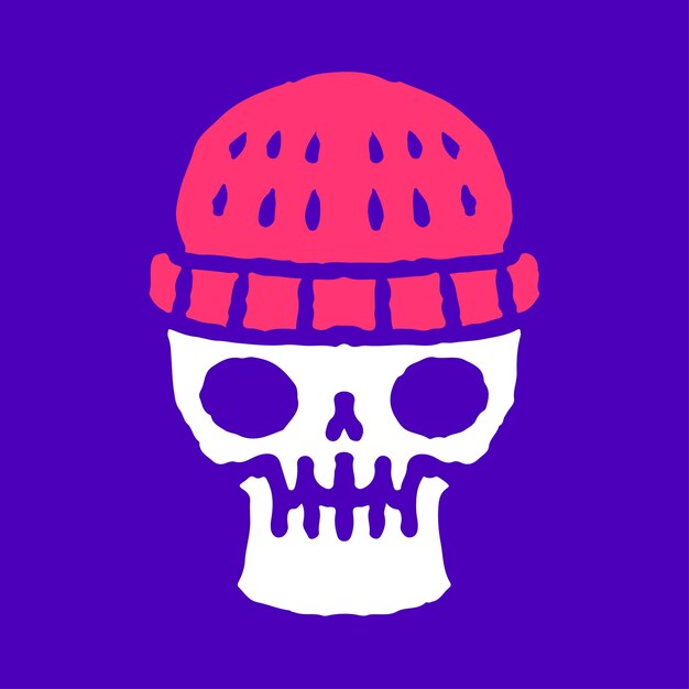 Skull in beanie hat doodle cartoon, illustration for t-shirt, sticker, or apparel.