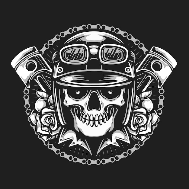 Vector skull biker head logo with roses and piston