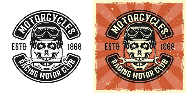 Vettore cranio di motociclista in casco con chiave in denti vettoriale emblema, distintivo, etichetta, logo o stampa t-shirt in due stili monocromatico e vintage colorato