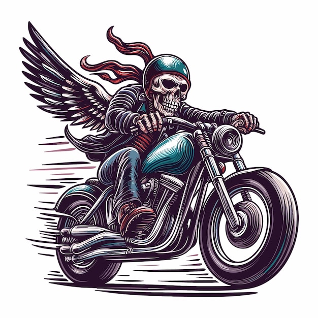 Skull biker che guida una moto illustrazione di maglietta da motociclista