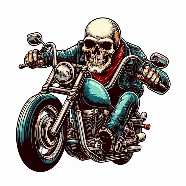 Vettore skull biker che guida una moto illustrazione di maglietta da motociclista