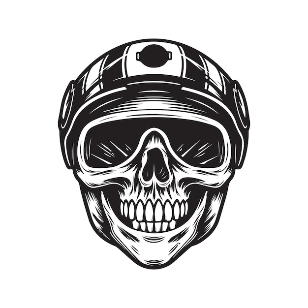 Вектор Череп байкера с концепцией логотипа ретро-шлема черно-белый цвет рисованной иллюстрации