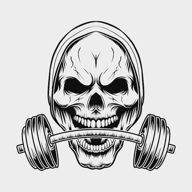 Vector a skull biting on a gym dumble vector illustration graphic