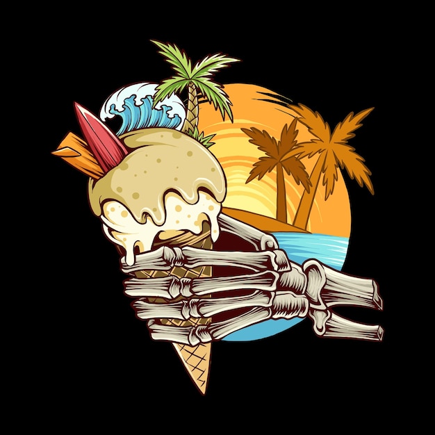 Vector skull bone hands holding ice cream cone surfen op het strand