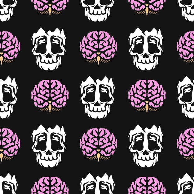 Skull and brain cracked seamless pattern on black background