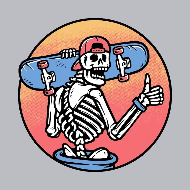 Skull carrying a skateboard illustration