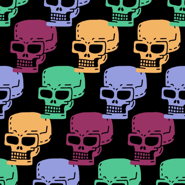 Vector skull cartoon seamless pattern. skeleton head drawing ornament.