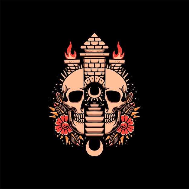 skull castle tattoo vector design