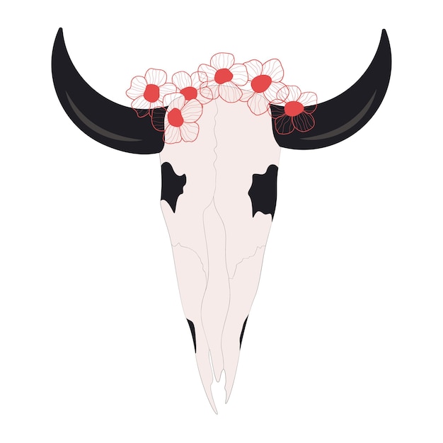 skull of cattle with flower wreath