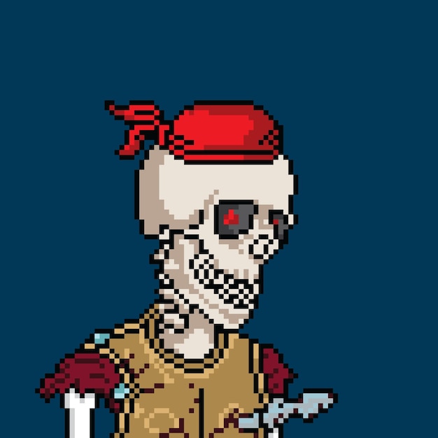 персонаж черепа в шляпе и мече застрял в сундуке с пиксельной графикой