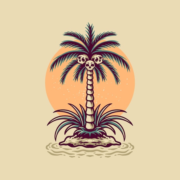 Vector skull coconut tree retro illustration