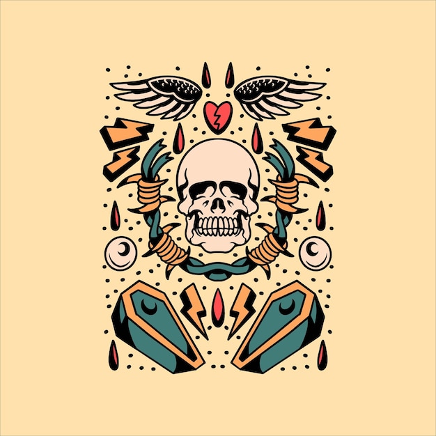 skull coffin tattoo set vector design