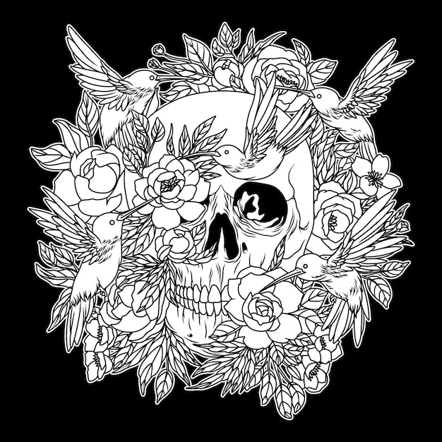 Skull Colibri Black and White Illustration