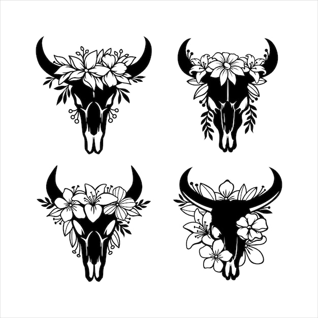 Vector skull of a cow with horns decorated with flowers