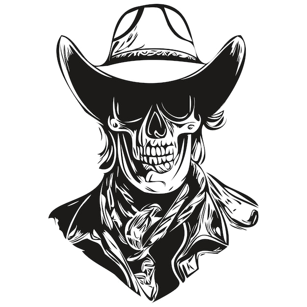 Teschio cowboy disegno a mano scheletro con cappello da cowboy in bianco e nero linea arte