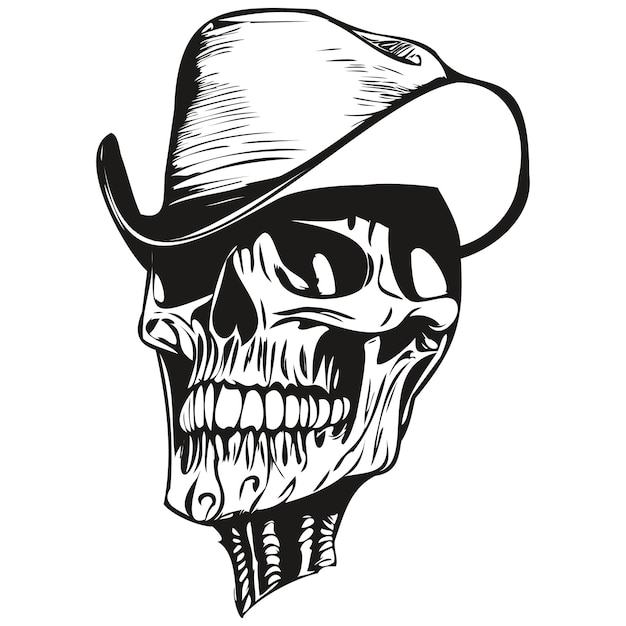 Skull cowboy hand drawing skeleton with cowboy hat black and white line art