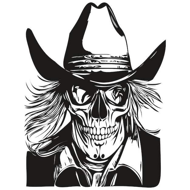 Skull cowboy hand drawing skeleton with cowboy hat black and white line art