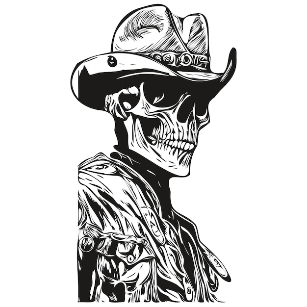 Vector skull cowboy hand drawing skeleton with cowboy hat black and white line art