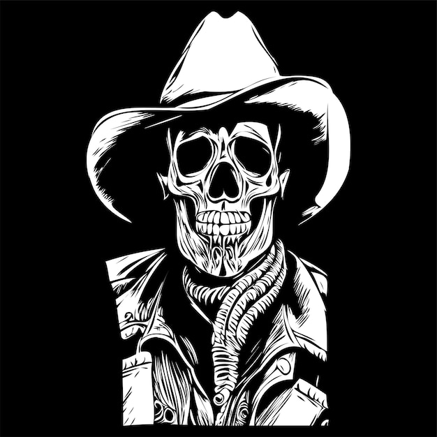 Skull cowboy hand drawing skeleton with cowboy hat black and white line art