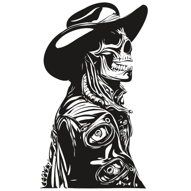 Skull cowboy hand drawing skeleton with cowboy hat black and white line art