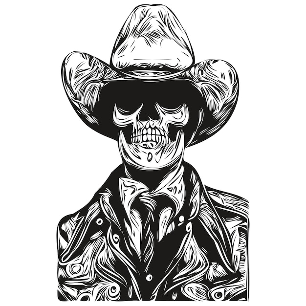 Vettore teschio cowboy disegno a mano scheletro con cappello da cowboy in bianco e nero linea arte