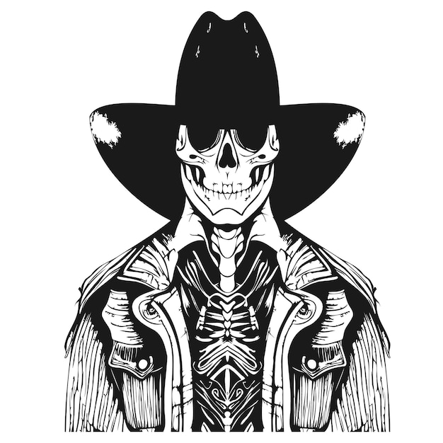 Skull cowboy hat tattoo hand drawn vector black and white clip art